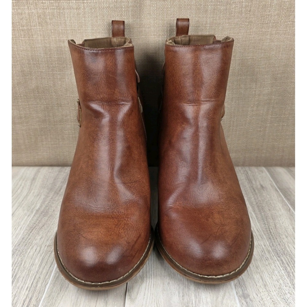Torrid Faux Leather Double Strap Tab Brown Block Heel Ankle Boots Womens 9W Boho